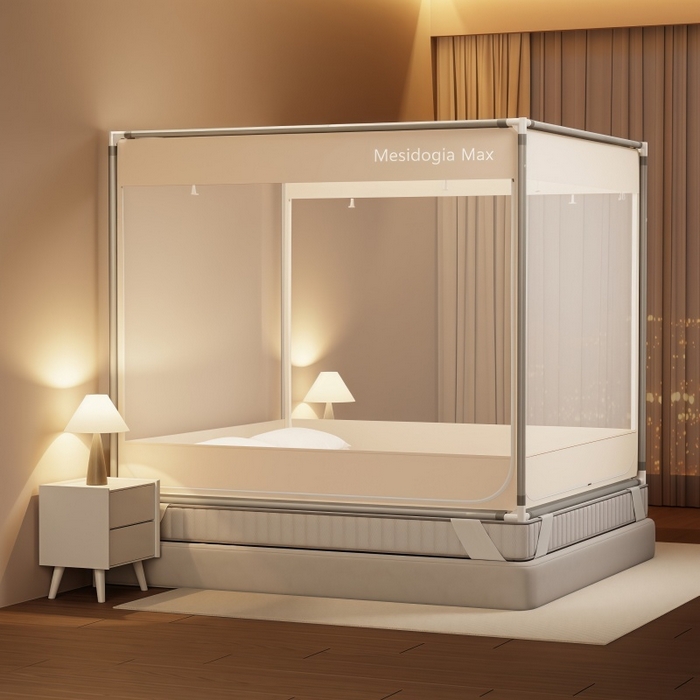 友承家纺 2026新款方顶坐床蚊帐防摔蚊帐家用卧室免安装儿童婴儿防止掉床罩三开门加粗拉链加粗支架 米色