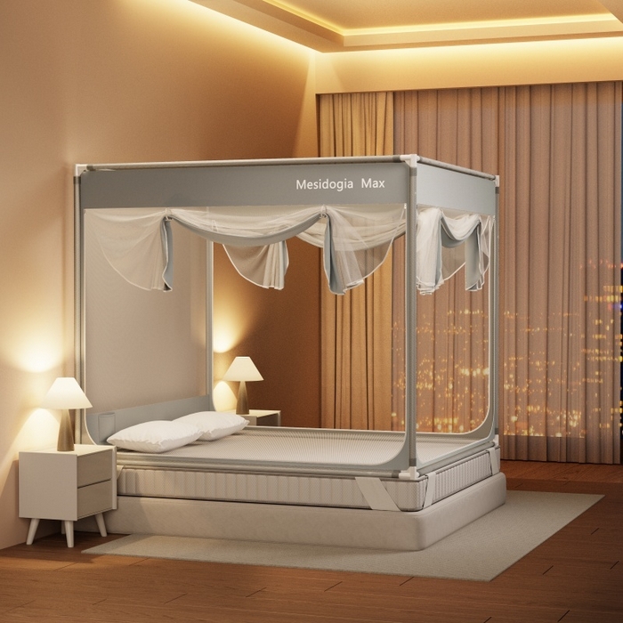 91家纺网 家纺一手货源 找家纺 友承家纺 2026新款方顶坐床蚊帐防摔蚊帐家用卧室免安装儿童婴儿防止掉床罩三开门加粗拉链加粗支架 灰色