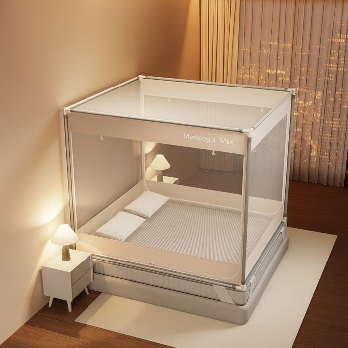 91家纺网 家纺一手货源 找家纺 友承家纺 2026新款方顶坐床蚊帐防摔蚊帐家用卧室免安装儿童婴儿防止掉床罩三开门加粗拉链加粗支架 米色