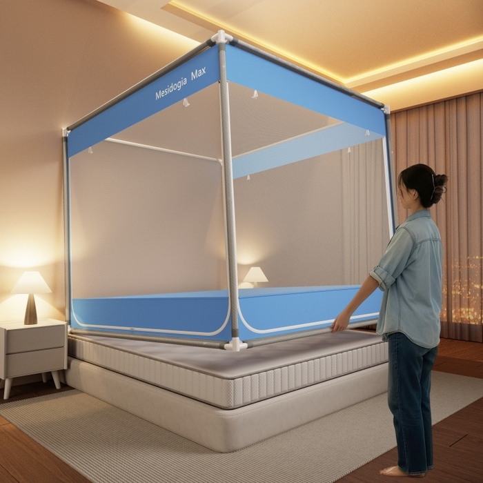 91家纺网 家纺一手货源 找家纺 友承家纺 2026新款方顶坐床蚊帐防摔蚊帐家用卧室免安装儿童婴儿防止掉床罩三开门加粗拉链加粗支架 蓝色