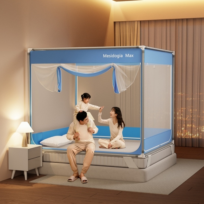 91家纺网 家纺一手货源 找家纺 友承家纺 2026新款方顶坐床蚊帐防摔蚊帐家用卧室免安装儿童婴儿防止掉床罩三开门加粗拉链加粗支架 蓝色