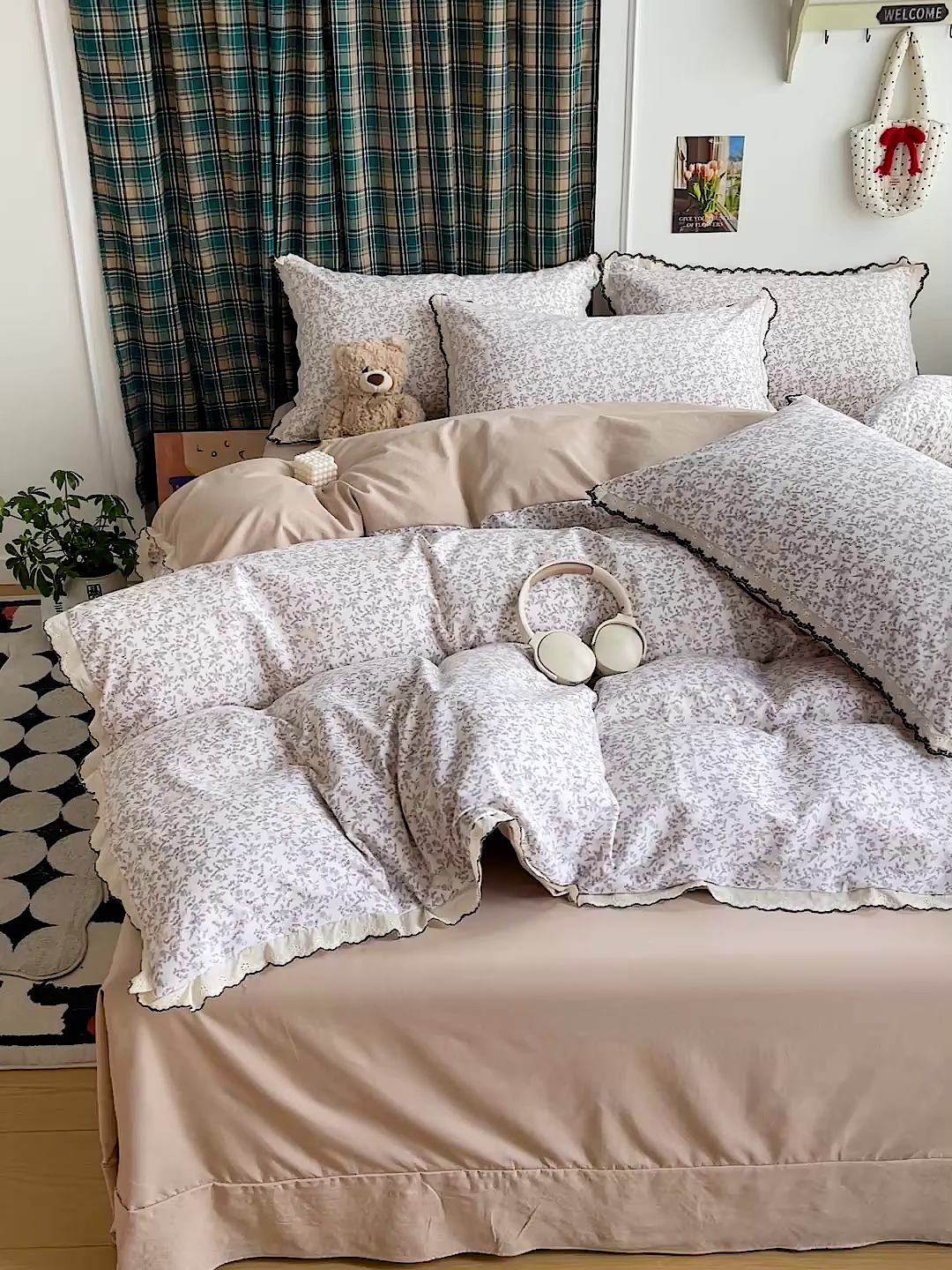 91家纺网 家纺一手货源 找家纺 金梦拉家纺 2026春夏新款古法水洗棉花边系列四件套 花边-锦瑟