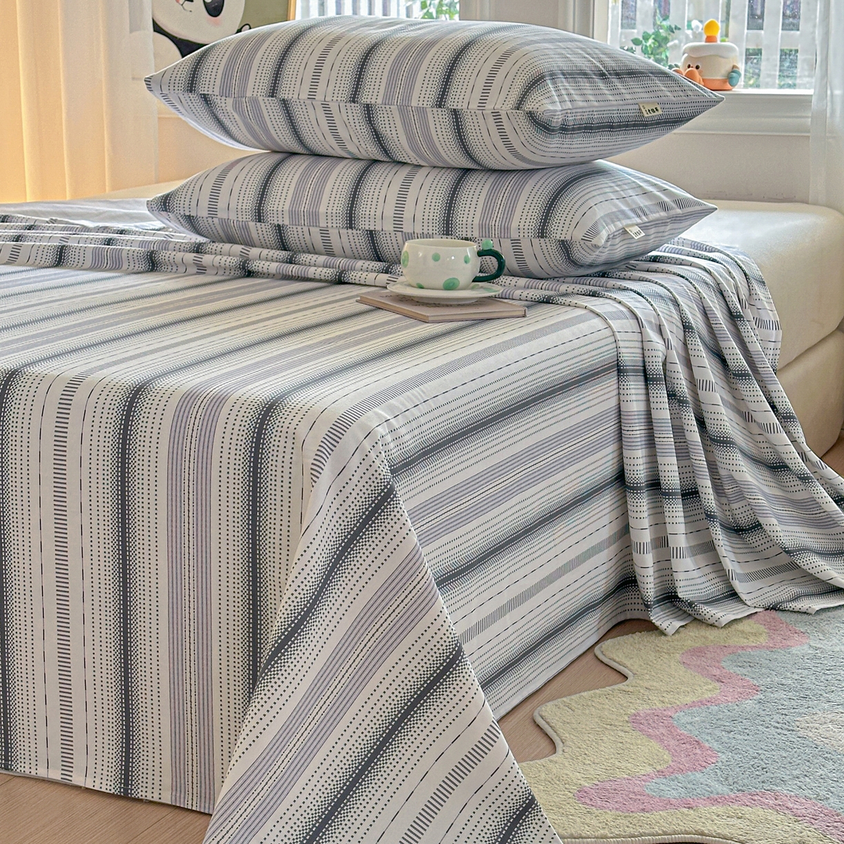 91家纺网 家纺一手货源 找家纺 莱登卡奴 2026新款A类100%全棉纯棉老粗布单床单系列 莫奈灰