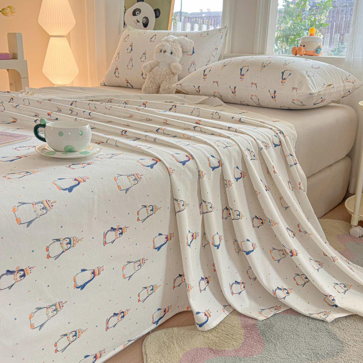 91家纺网 家纺一手货源 找家纺 莱登卡奴 2026新款A类100%全棉纯棉老粗布单床单系列 企鹅