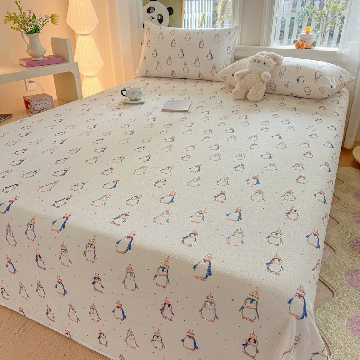 91家纺网 家纺一手货源 找家纺 莱登卡奴 2026新款A类100%全棉纯棉老粗布单床单系列 企鹅