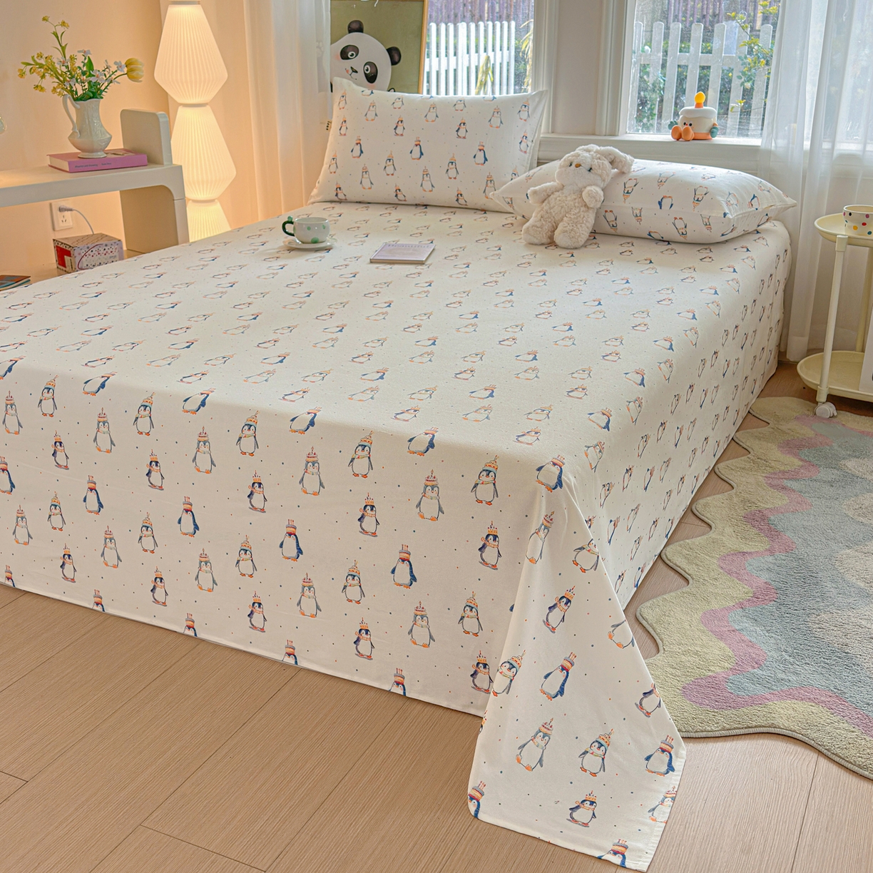 91家纺网 家纺一手货源 找家纺 莱登卡奴 2026新款A类100%全棉纯棉老粗布单床单系列 企鹅