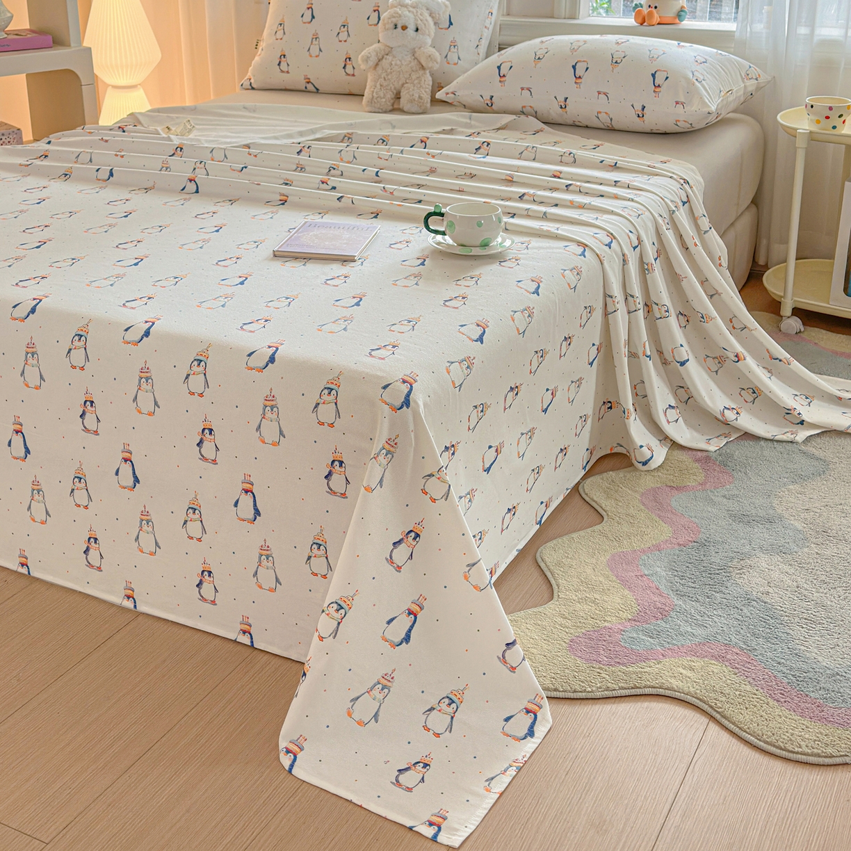 91家纺网 家纺一手货源 找家纺 莱登卡奴 2026新款A类100%全棉纯棉老粗布单床单系列 企鹅