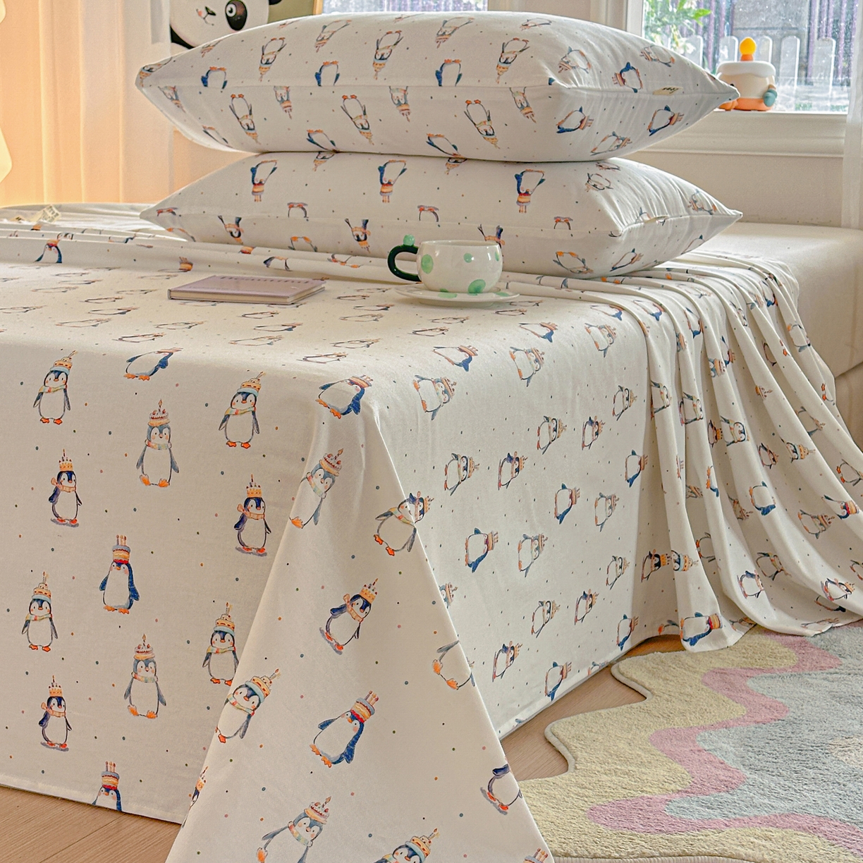 91家纺网 家纺一手货源 找家纺 莱登卡奴 2026新款A类100%全棉纯棉老粗布单床单系列 企鹅