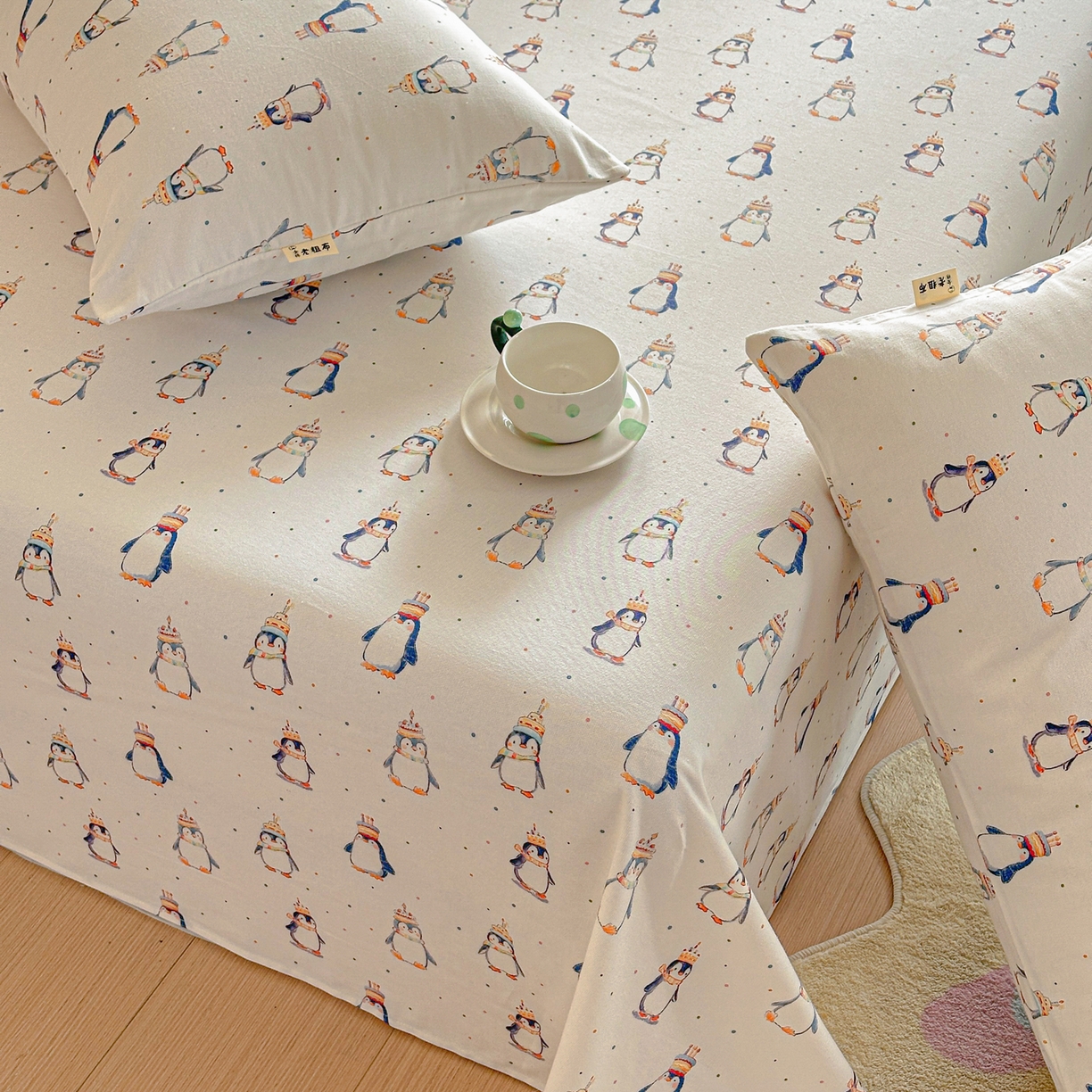 91家纺网 家纺一手货源 找家纺 莱登卡奴 2026新款A类100%全棉纯棉老粗布单床单系列 企鹅