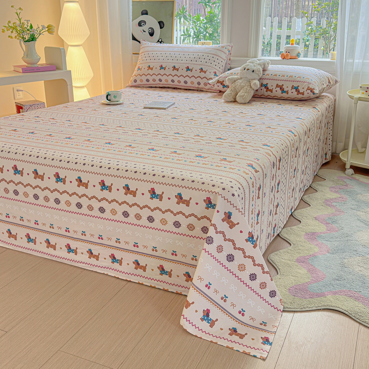 91家纺网 家纺一手货源 找家纺 莱登卡奴 2026新款A类100%全棉纯棉老粗布单床单系列 旺仔腊肠狗