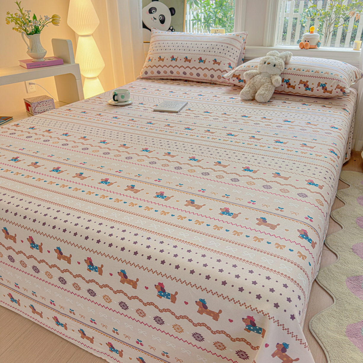 91家纺网 家纺一手货源 找家纺 莱登卡奴 2026新款A类100%全棉纯棉老粗布单床单系列 旺仔腊肠狗