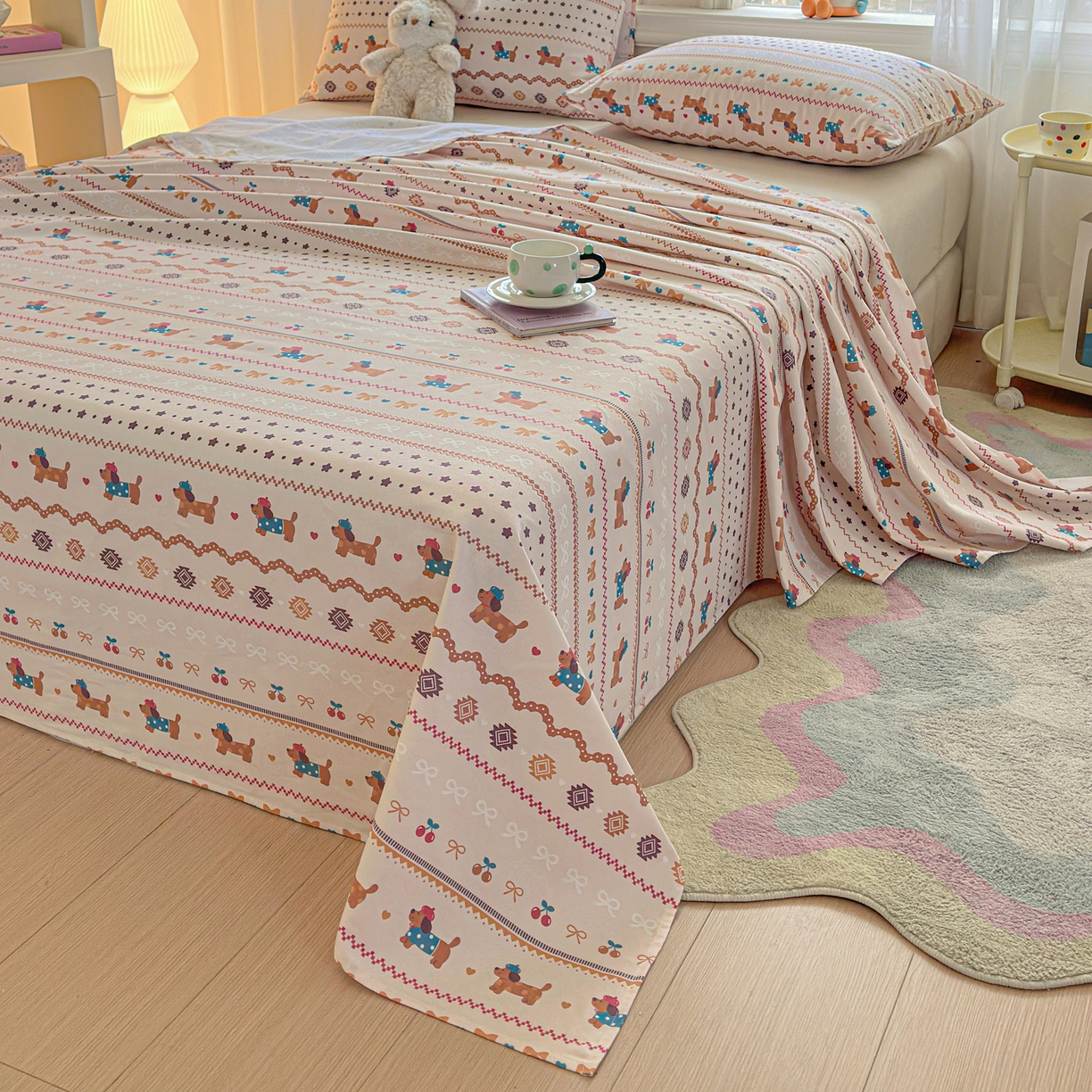 91家纺网 家纺一手货源 找家纺 莱登卡奴 2026新款A类100%全棉纯棉老粗布单床单系列 旺仔腊肠狗