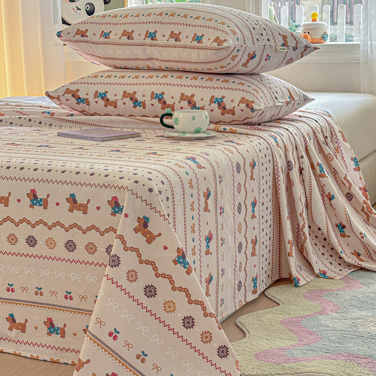 91家纺网 家纺一手货源 找家纺 莱登卡奴 2026新款A类100%全棉纯棉老粗布单床单系列 旺仔腊肠狗