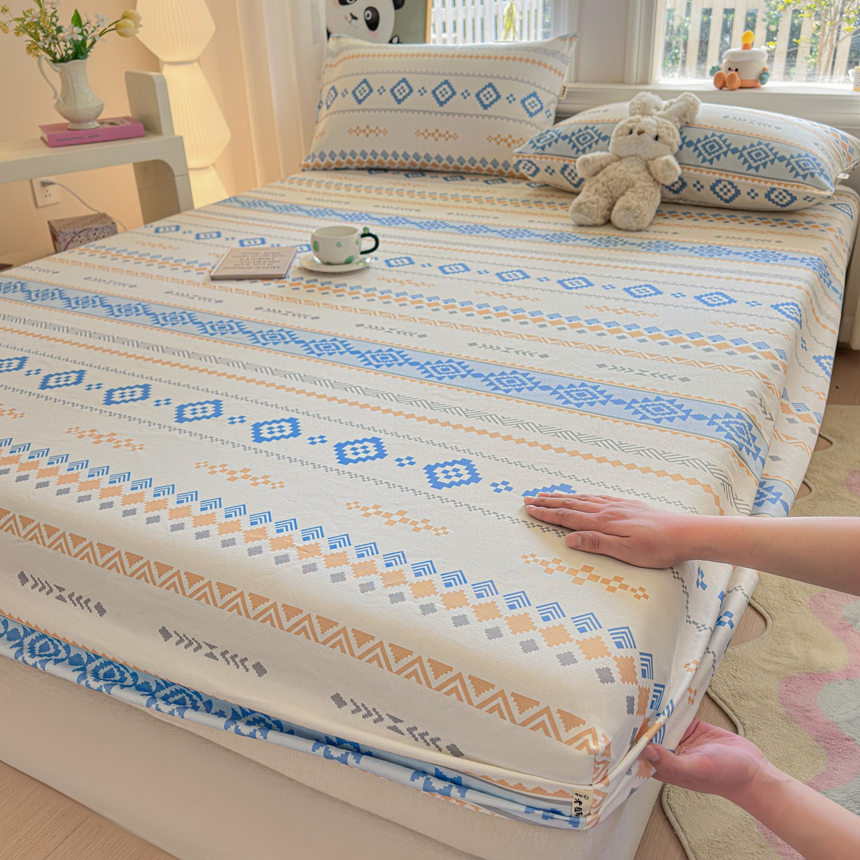 莱登卡奴 2026新款A类100%全棉纯棉老粗布单床笠系列 花田初夏蓝