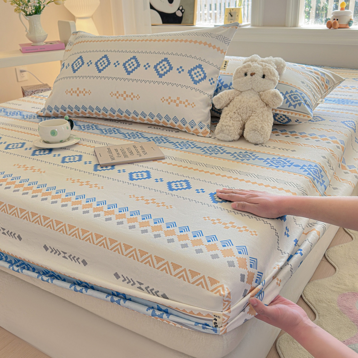 91家纺网 家纺一手货源 找家纺 莱登卡奴 2026新款A类100%全棉纯棉老粗布单床笠系列 花田初夏蓝