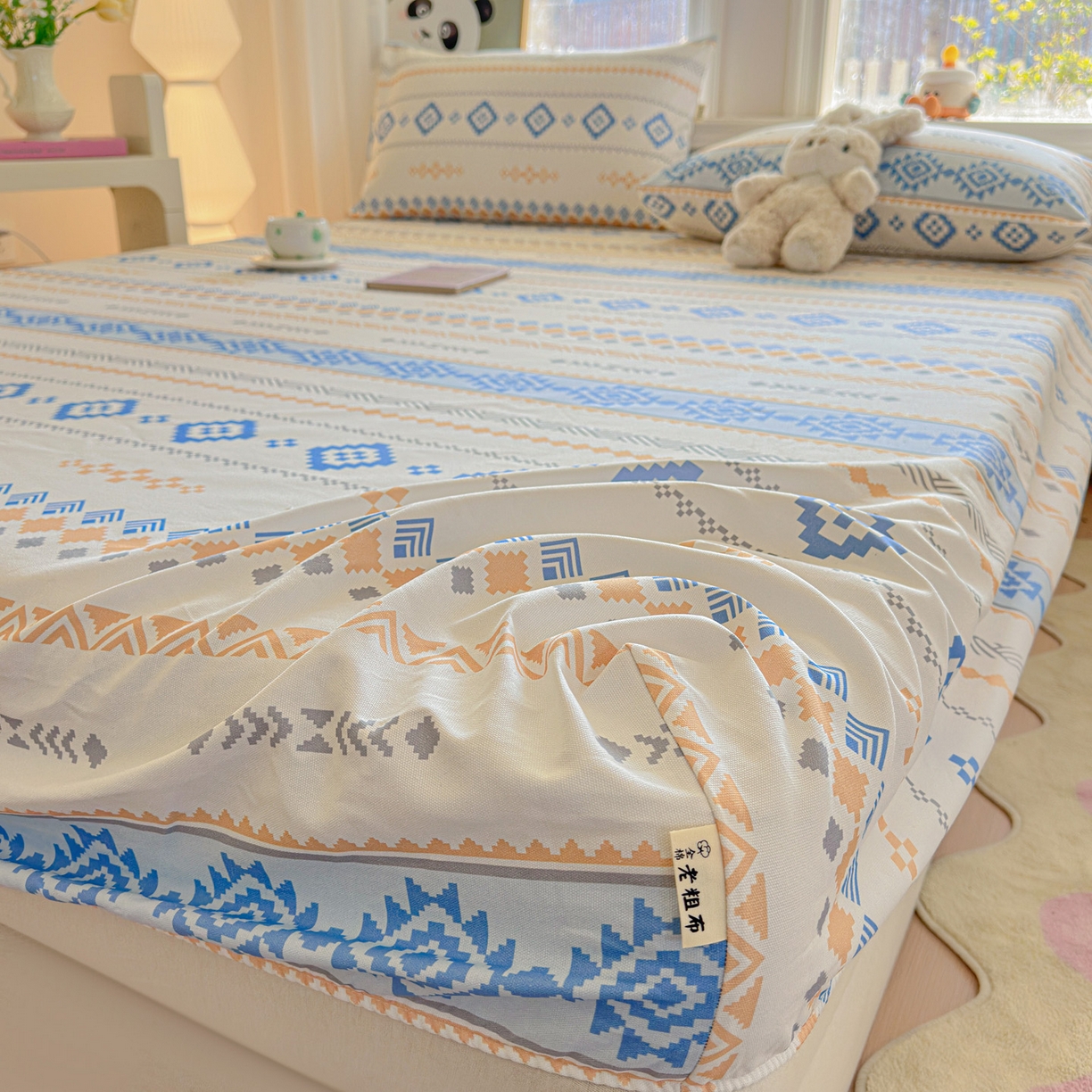 91家纺网 家纺一手货源 找家纺 莱登卡奴 2026新款A类100%全棉纯棉老粗布单床笠系列 花田初夏蓝