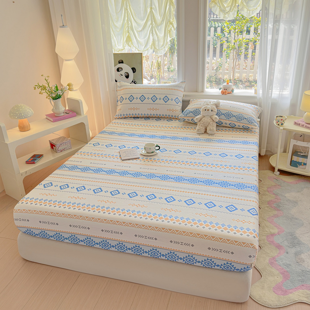 91家纺网 家纺一手货源 找家纺 莱登卡奴 2026新款A类100%全棉纯棉老粗布单床笠系列 花田初夏蓝