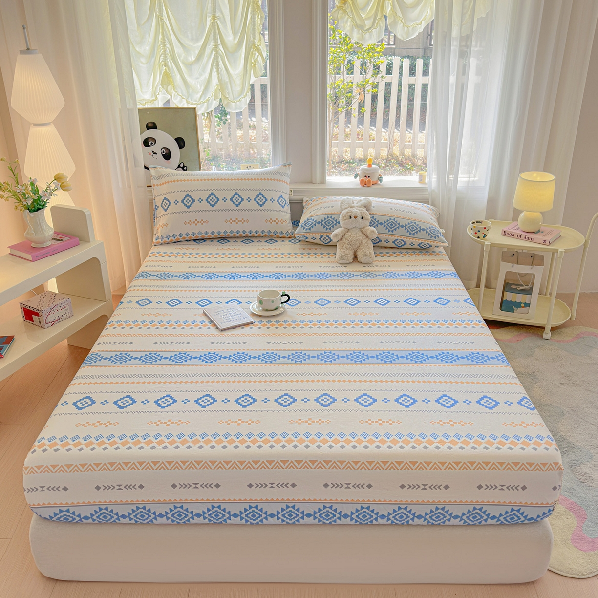 91家纺网 家纺一手货源 找家纺 莱登卡奴 2026新款A类100%全棉纯棉老粗布单床笠系列 花田初夏蓝