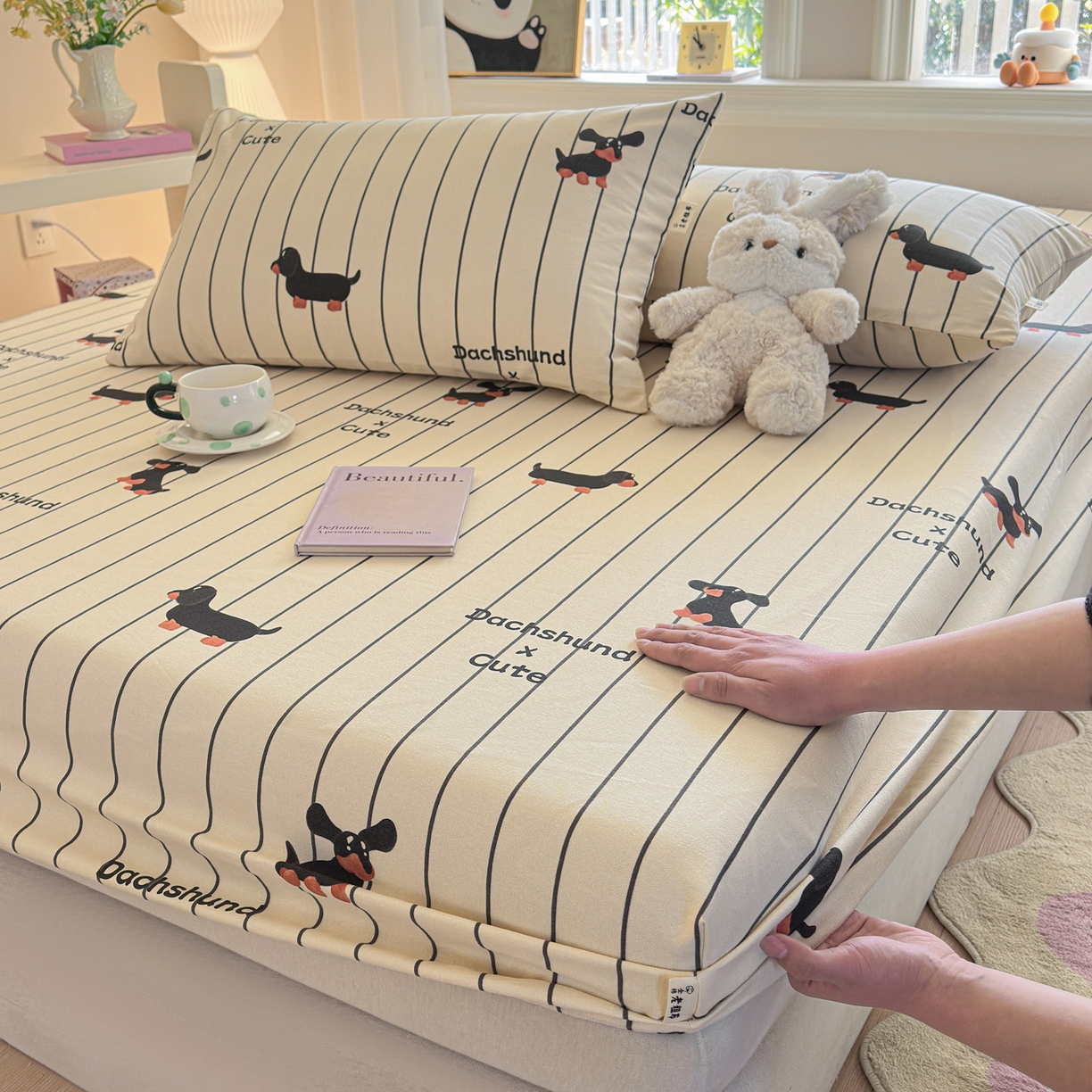 91家纺网 家纺一手货源 找家纺 莱登卡奴 2026新款A类100%全棉纯棉老粗布单床笠系列 腊肠犬