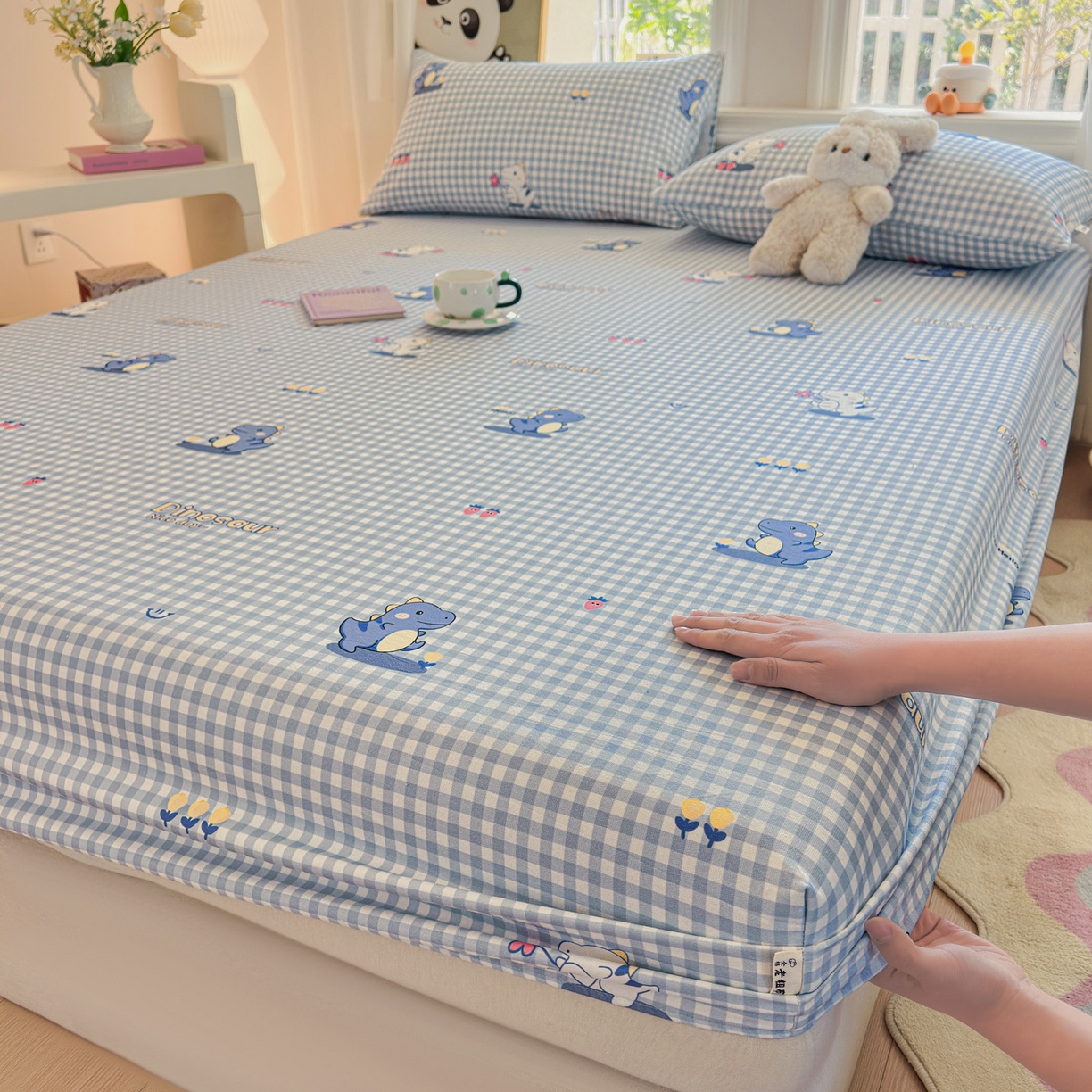莱登卡奴 2026新款A类100%全棉纯棉老粗布单床笠系列 蓝恐龙