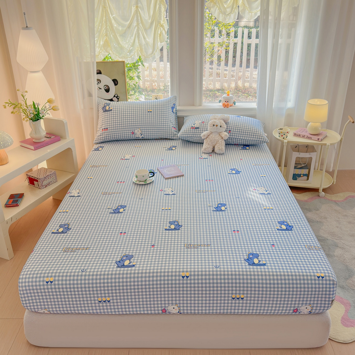 91家纺网 家纺一手货源 找家纺 莱登卡奴 2026新款A类100%全棉纯棉老粗布单床笠系列 蓝恐龙