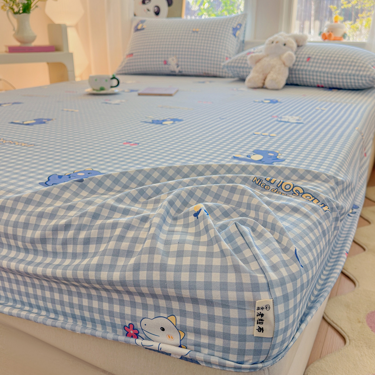 91家纺网 家纺一手货源 找家纺 莱登卡奴 2026新款A类100%全棉纯棉老粗布单床笠系列 蓝恐龙