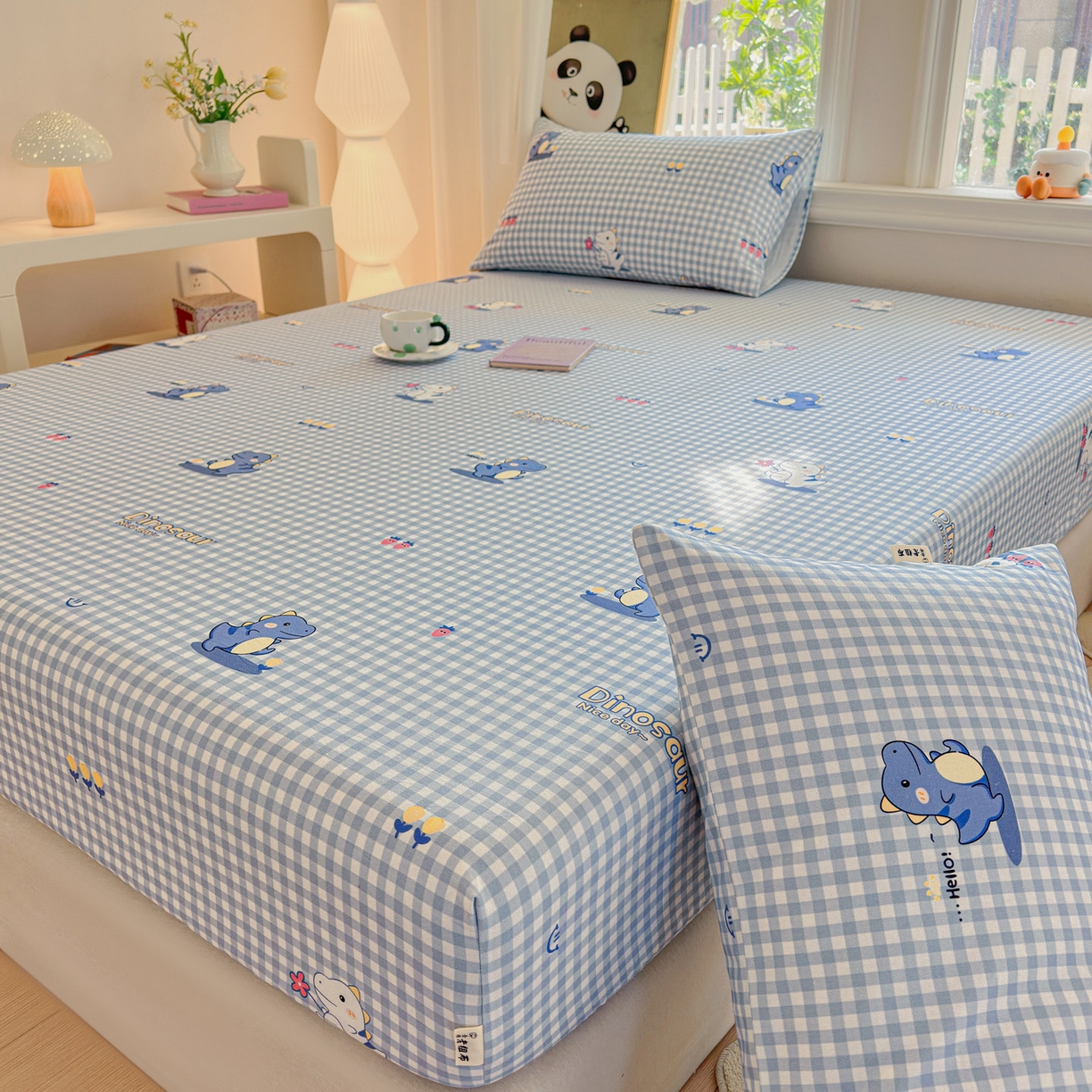 91家纺网 家纺一手货源 找家纺 莱登卡奴 2026新款A类100%全棉纯棉老粗布单床笠系列 蓝恐龙