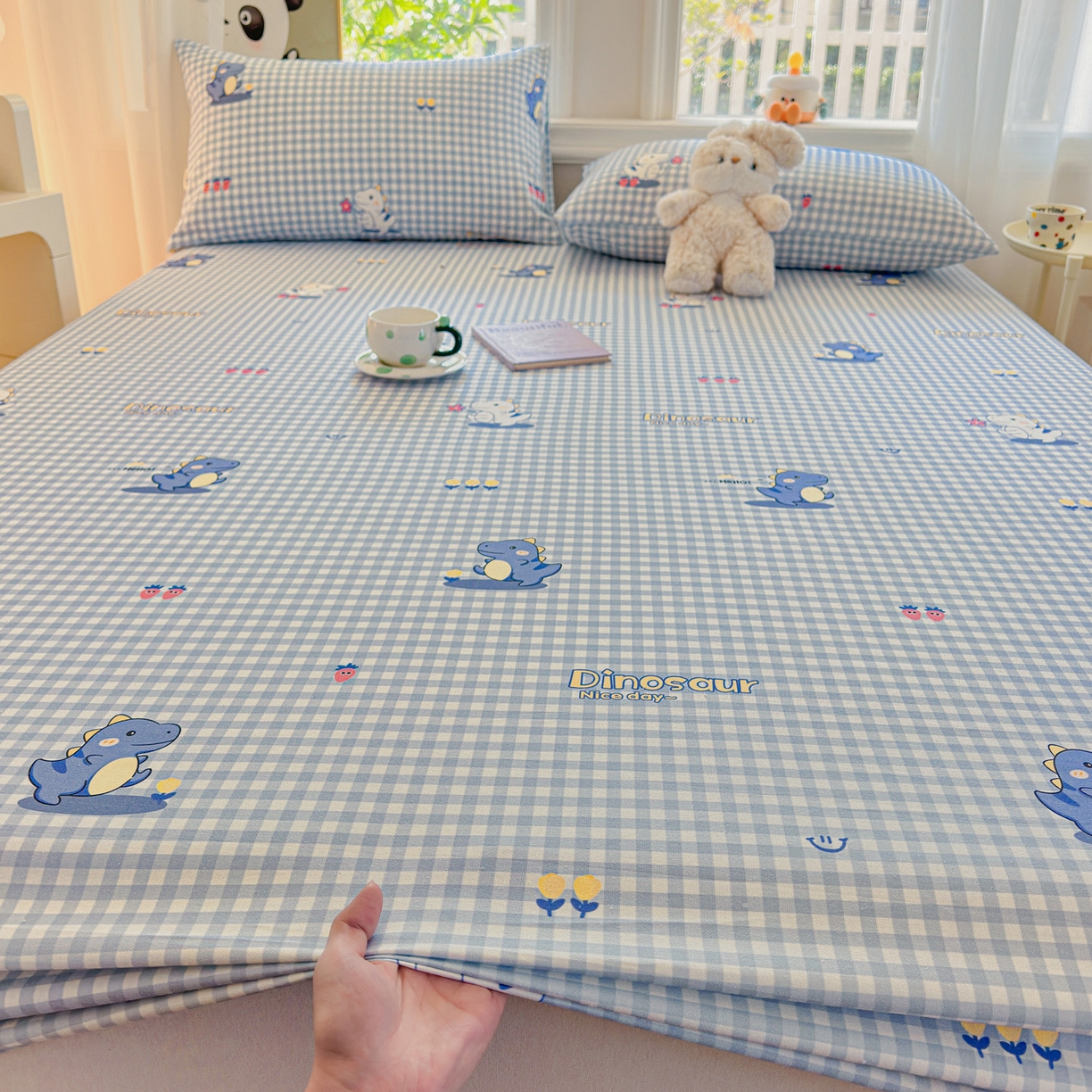 91家纺网 家纺一手货源 找家纺 莱登卡奴 2026新款A类100%全棉纯棉老粗布单床笠系列 蓝恐龙