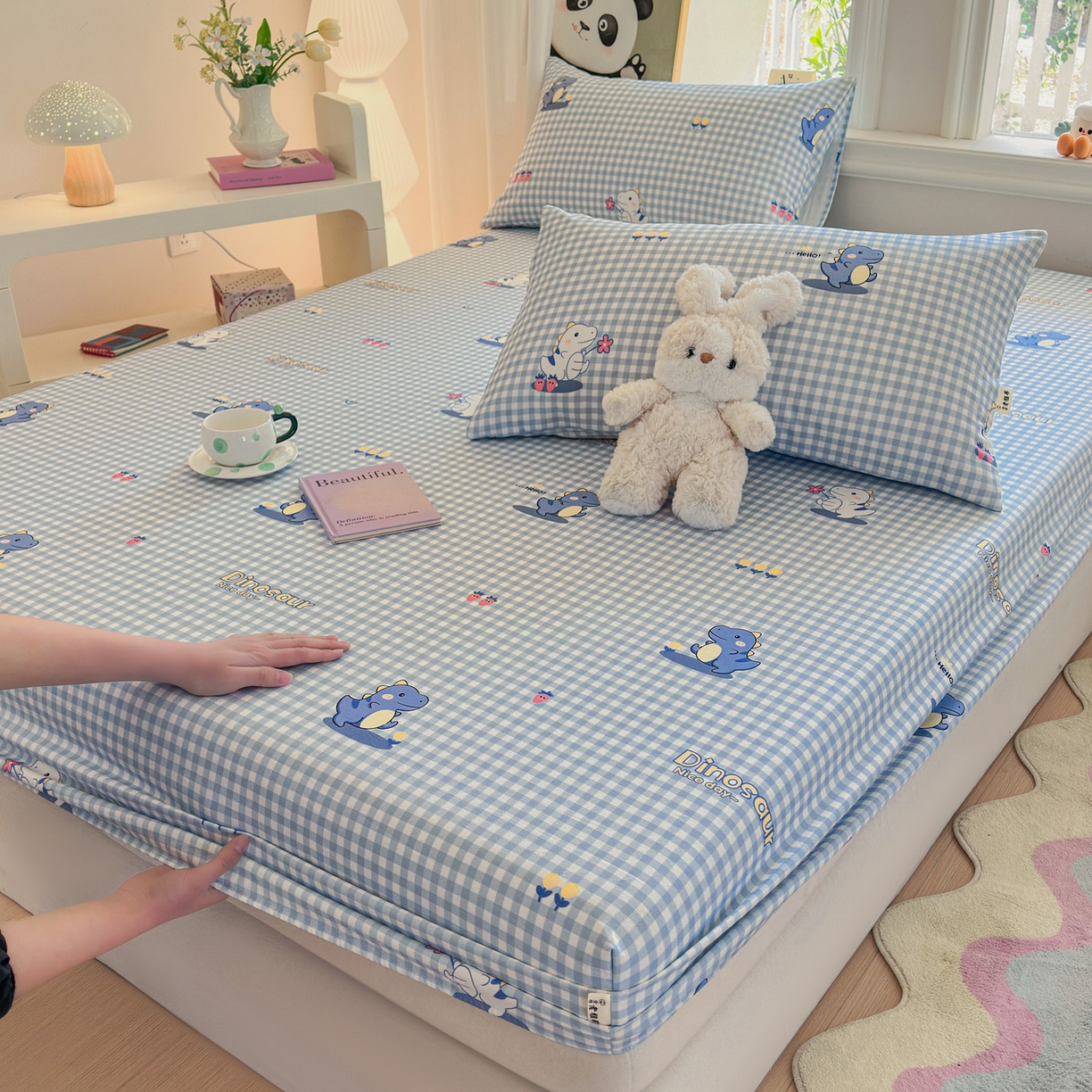 91家纺网 家纺一手货源 找家纺 莱登卡奴 2026新款A类100%全棉纯棉老粗布单床笠系列 蓝恐龙