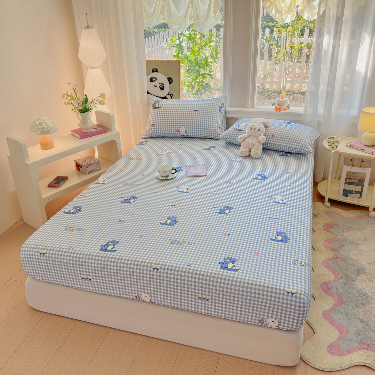 91家纺网 家纺一手货源 找家纺 莱登卡奴 2026新款A类100%全棉纯棉老粗布单床笠系列 蓝恐龙