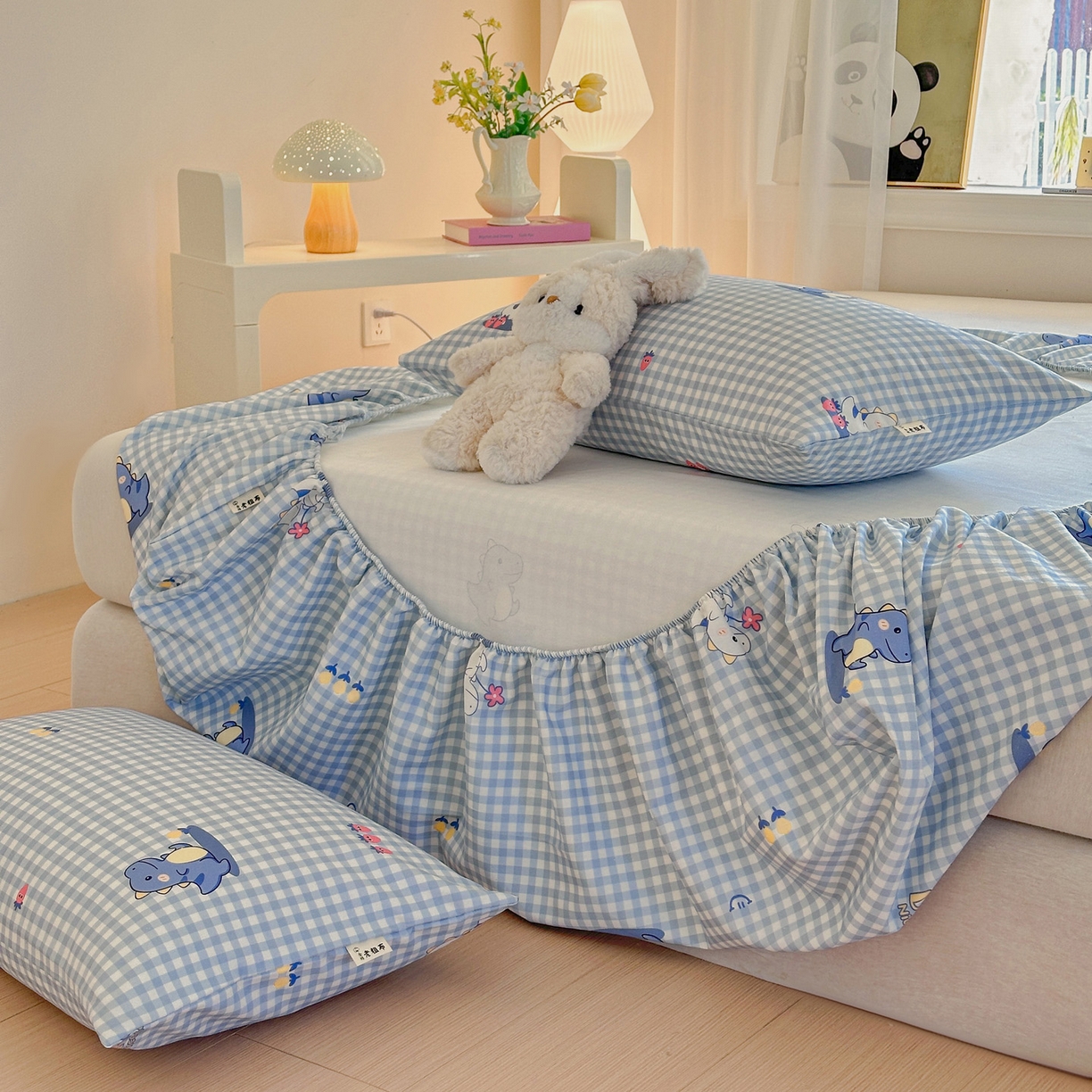 91家纺网 家纺一手货源 找家纺 莱登卡奴 2026新款A类100%全棉纯棉老粗布单床笠系列 蓝恐龙