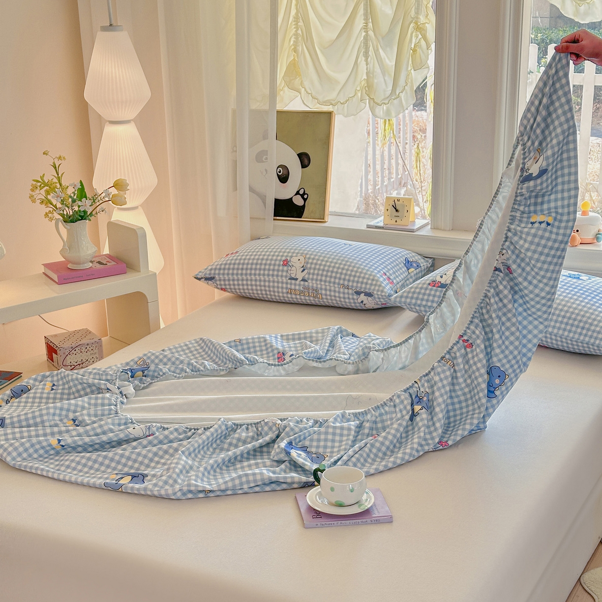 91家纺网 家纺一手货源 找家纺 莱登卡奴 2026新款A类100%全棉纯棉老粗布单床笠系列 蓝恐龙