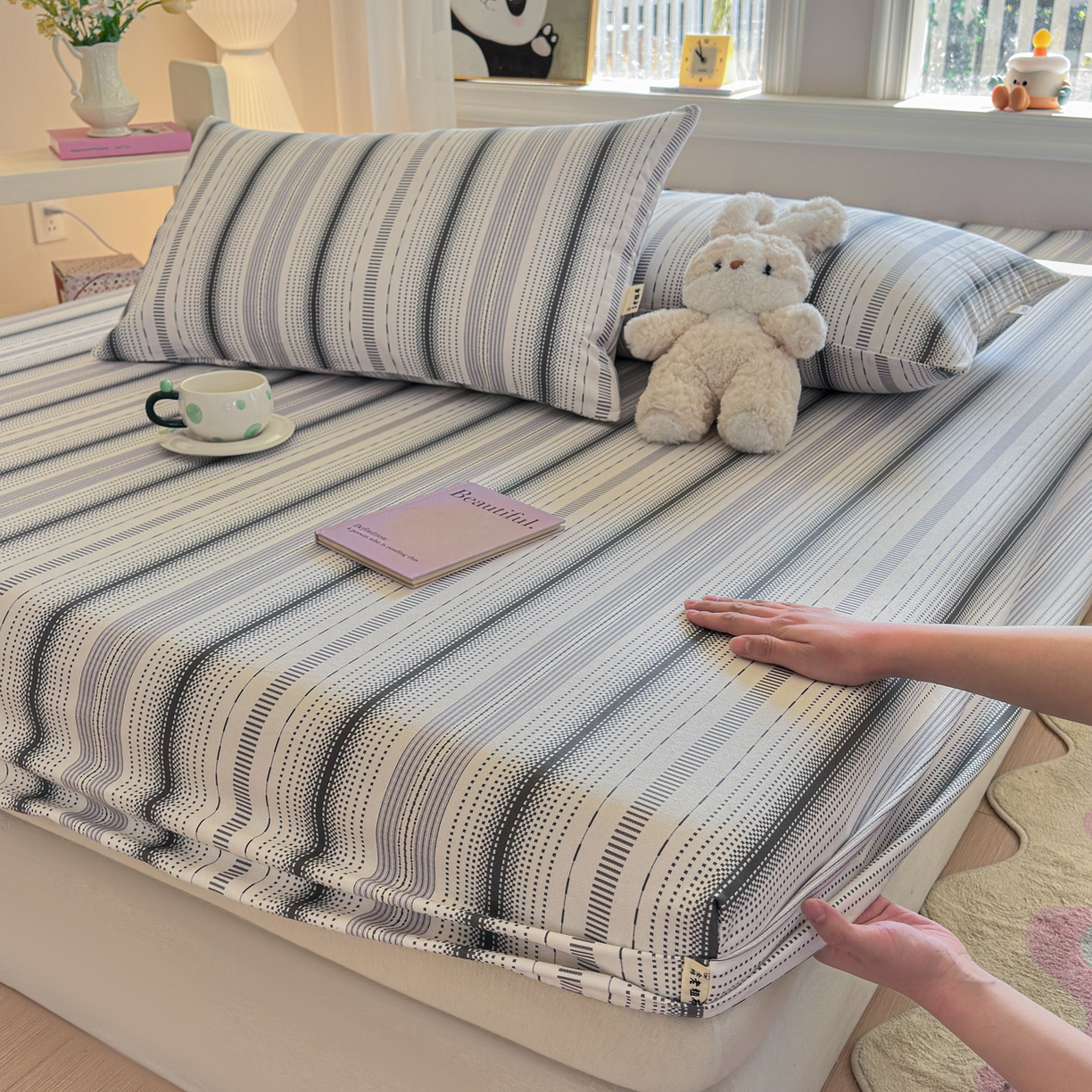 91家纺网 家纺一手货源 找家纺 莱登卡奴 2026新款A类100%全棉纯棉老粗布单床笠系列 莫奈灰