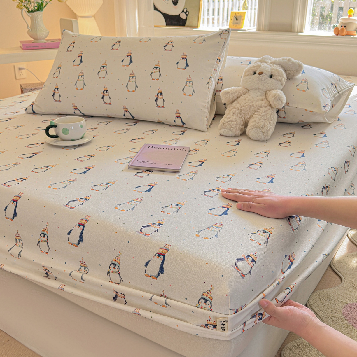 91家纺网 家纺一手货源 找家纺 莱登卡奴 2026新款A类100%全棉纯棉老粗布单床笠系列 企鹅