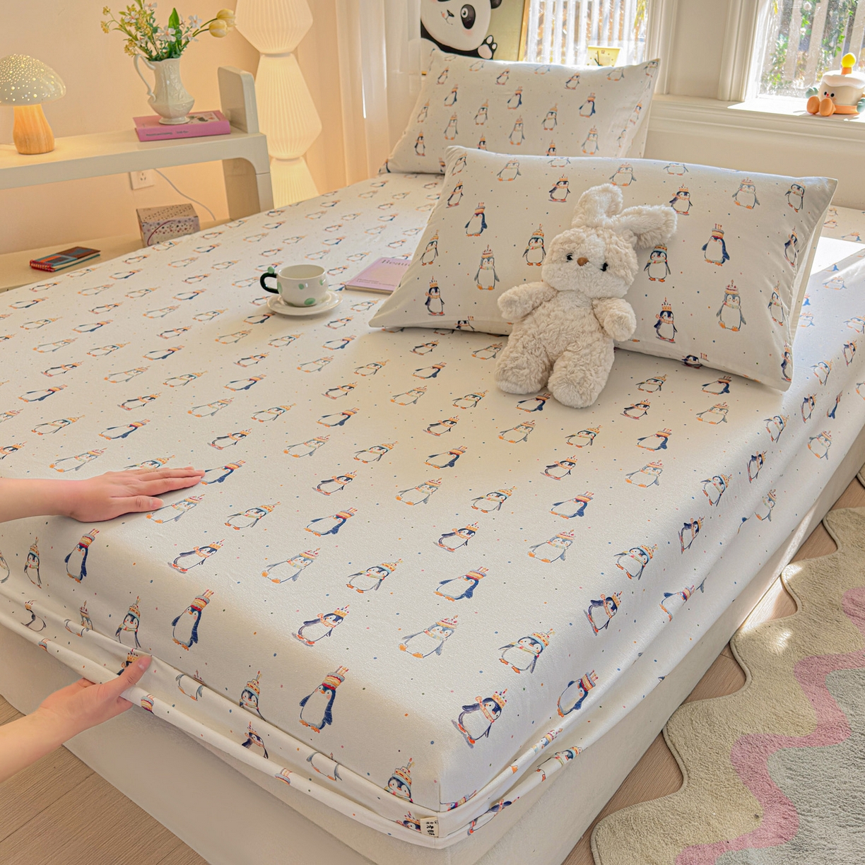 91家纺网 家纺一手货源 找家纺 莱登卡奴 2026新款A类100%全棉纯棉老粗布单床笠系列 企鹅