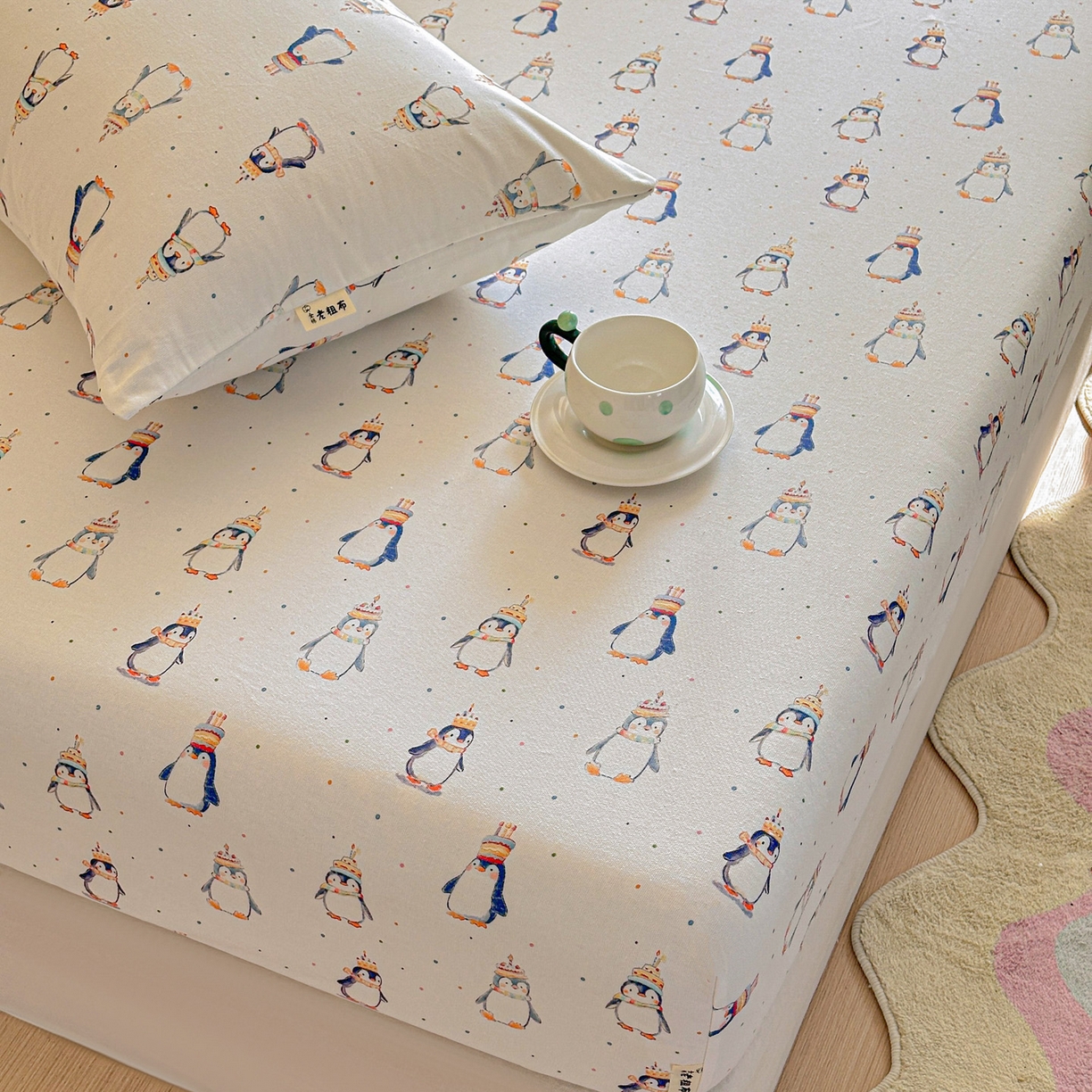 91家纺网 家纺一手货源 找家纺 莱登卡奴 2026新款A类100%全棉纯棉老粗布单床笠系列 企鹅