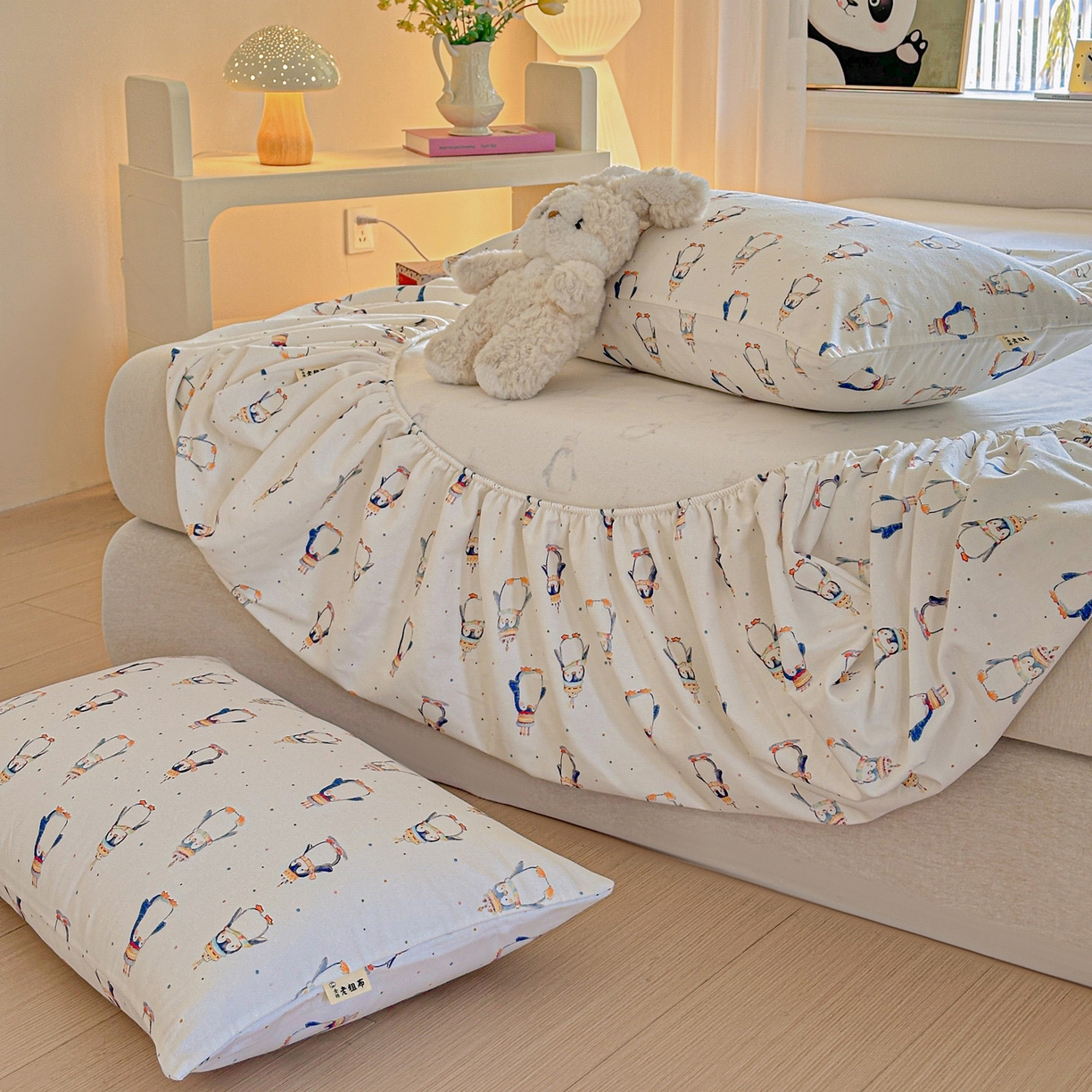 91家纺网 家纺一手货源 找家纺 莱登卡奴 2026新款A类100%全棉纯棉老粗布单床笠系列 企鹅