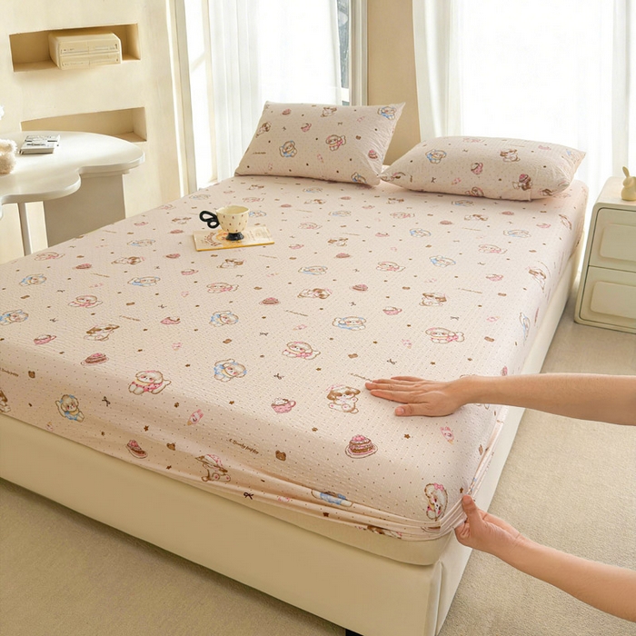 91家纺网 家纺一手货源 找家纺 （总）贝扬思家纺 2026新款高克重泡芙纱印花款单床笠床笠单件-浅糯