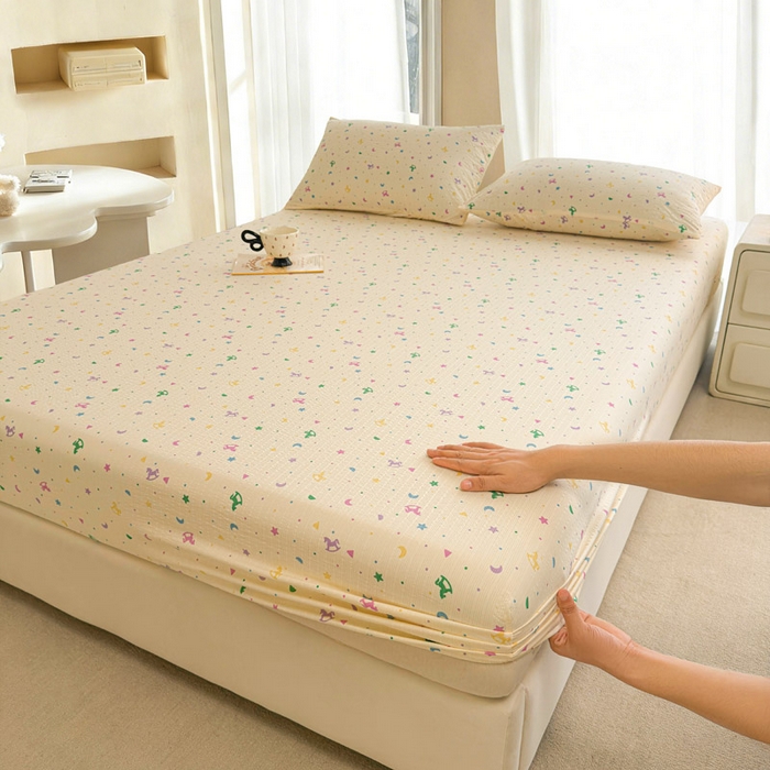 91家纺网 家纺一手货源 找家纺 （总）贝扬思家纺 2026新款高克重泡芙纱印花款单床笠床笠单件-浅糯