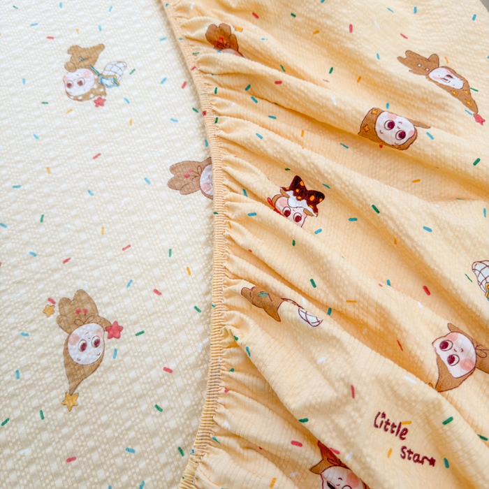 91家纺网 家纺一手货源 找家纺 贝扬思家纺 2026新款高克重泡芙纱印花款单床笠床笠单件-浅糯 CL浅糯-星星糖豆