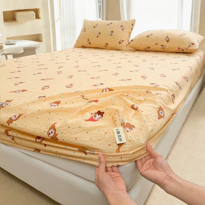 91家纺网 家纺一手货源 找家纺 贝扬思家纺 2026新款高克重泡芙纱印花款单床笠床笠单件-浅糯 CL浅糯-星星糖豆