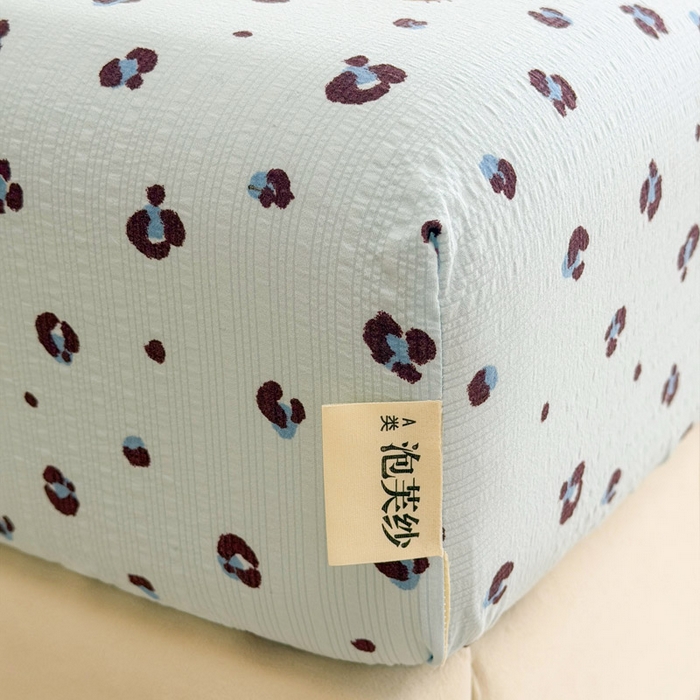 91家纺网 家纺一手货源 找家纺 贝扬思家纺 2026新款高克重泡芙纱印花款单床笠床笠单件-浅糯 CL浅糯-豹纹咪星蓝