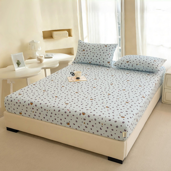 91家纺网 家纺一手货源 找家纺 贝扬思家纺 2026新款高克重泡芙纱印花款单床笠床笠单件-浅糯 CL浅糯-豹纹咪星蓝