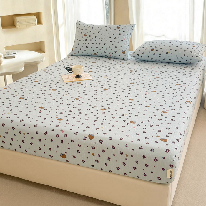 91家纺网 家纺一手货源 找家纺 贝扬思家纺 2026新款高克重泡芙纱印花款单床笠床笠单件-浅糯 CL浅糯-豹纹咪星蓝