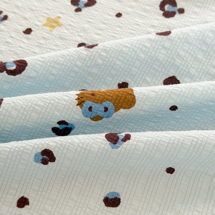 91家纺网 家纺一手货源 找家纺 贝扬思家纺 2026新款高克重泡芙纱印花款单床笠床笠单件-浅糯 CL浅糯-豹纹咪星蓝