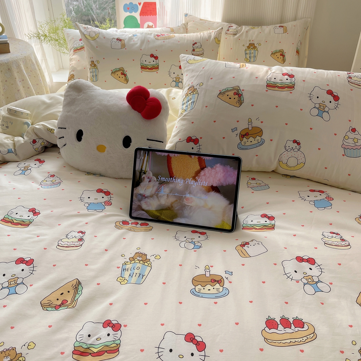 91家纺网 家纺一手货源 找家纺 六巷胡同 2026新款INS减龄可爱风卡通全棉四件套（第二系列） 爱心汉堡喵