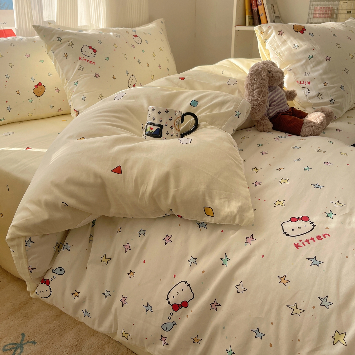 91家纺网 家纺一手货源 找家纺 六巷胡同 2026新款INS减龄可爱风卡通全棉四件套（第二系列） 星星萝莉猫