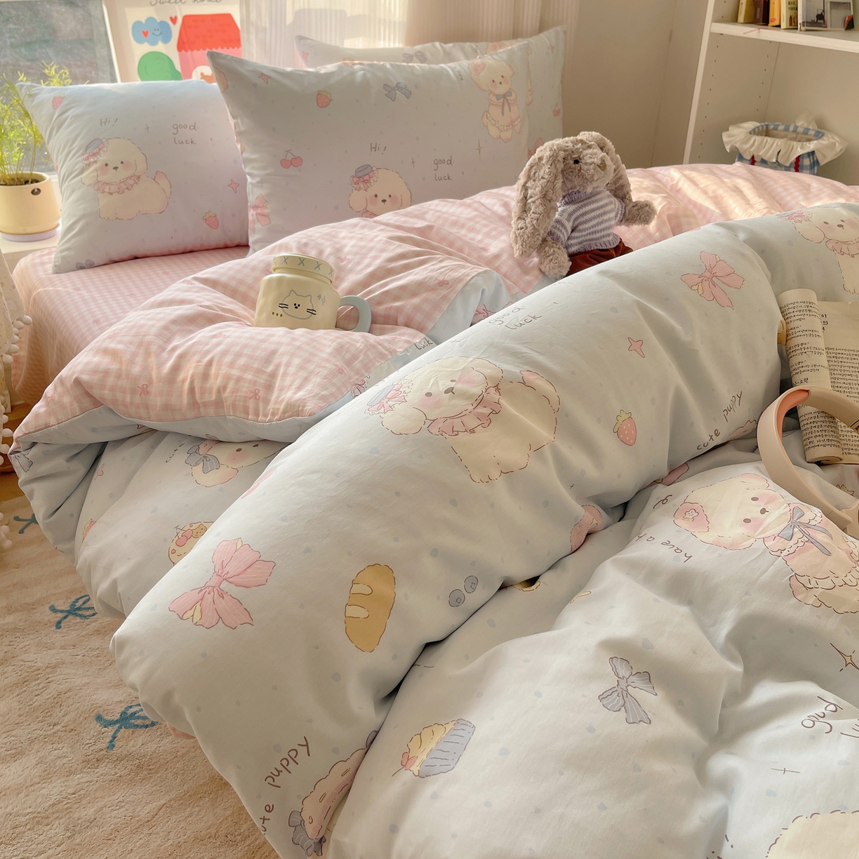 91家纺网 家纺一手货源 找家纺 六巷胡同 2026新款INS减龄可爱风卡通全棉四件套（第二系列） 假日蛋糕犬