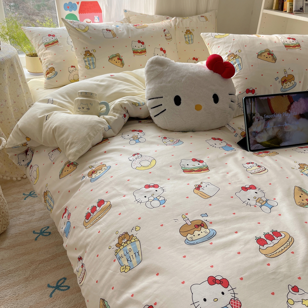 91家纺网 家纺一手货源 找家纺 六巷胡同 2026新款INS减龄可爱风卡通全棉四件套（第二系列） 爱心汉堡喵