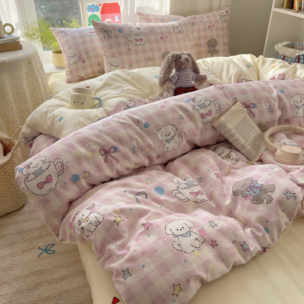 六巷胡同 2026新款INS减龄可爱风卡通全棉四件套（第二系列） 粉格趣味犬